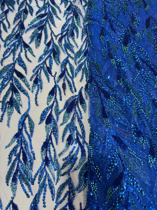 Blue Premium Sequin Leaf Handwork Net 56" Fabric