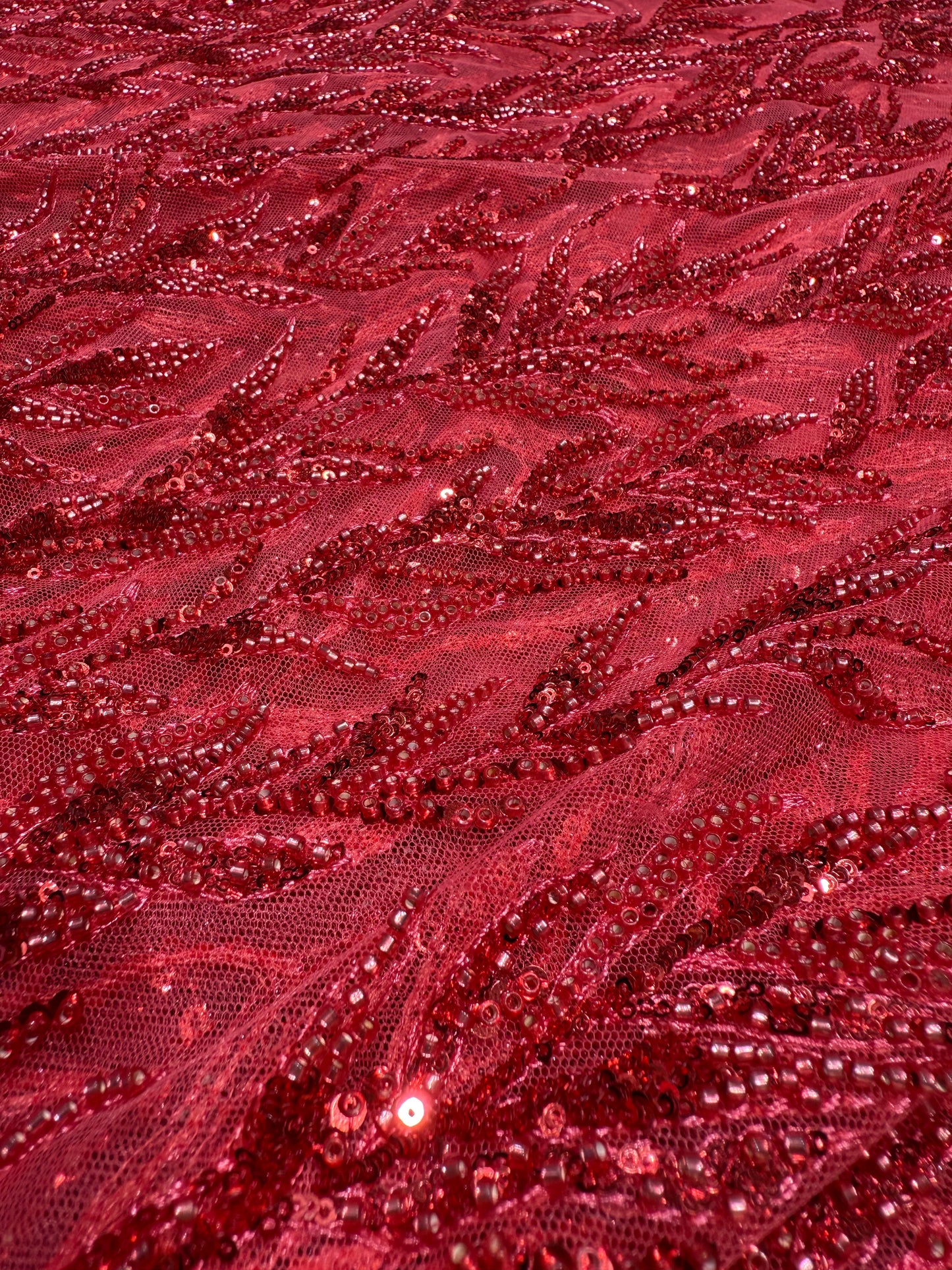 Red Premium Sequin Leaf Lace 56" Fabric