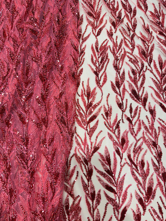 Red Premium Sequin Leaf Handwork Net 56" Fabric