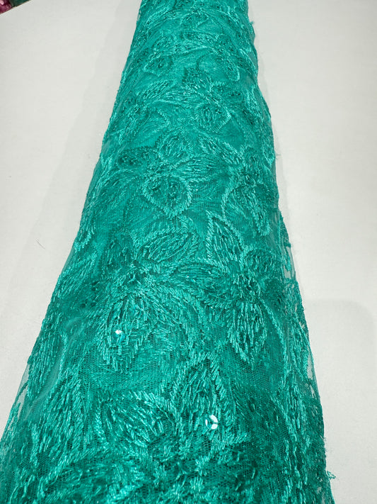 Cyan Green Embroidery Floral Handwork Net 44" Fabric