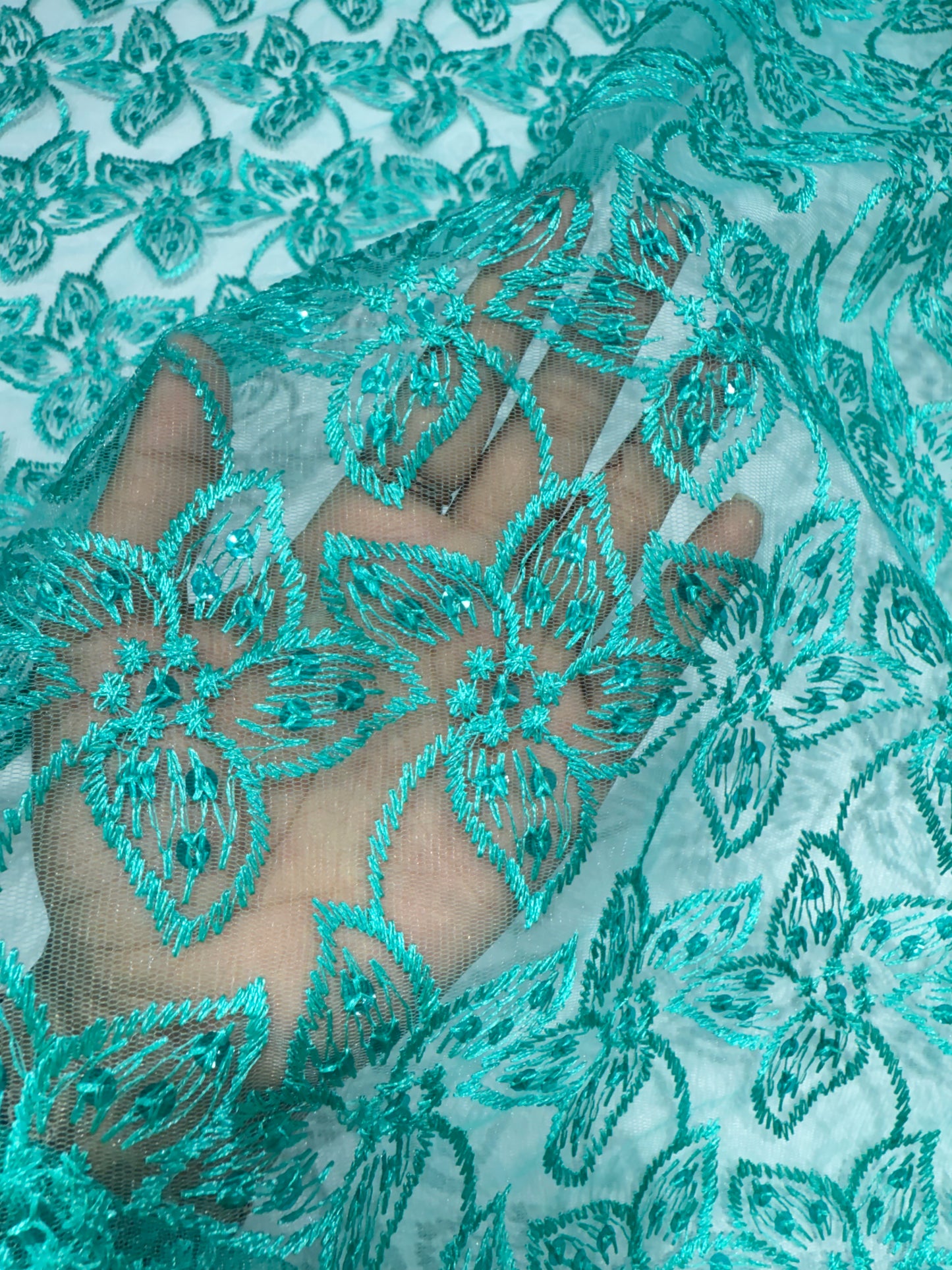 Cyan Green Embroidery Floral Lace 56" Fabric