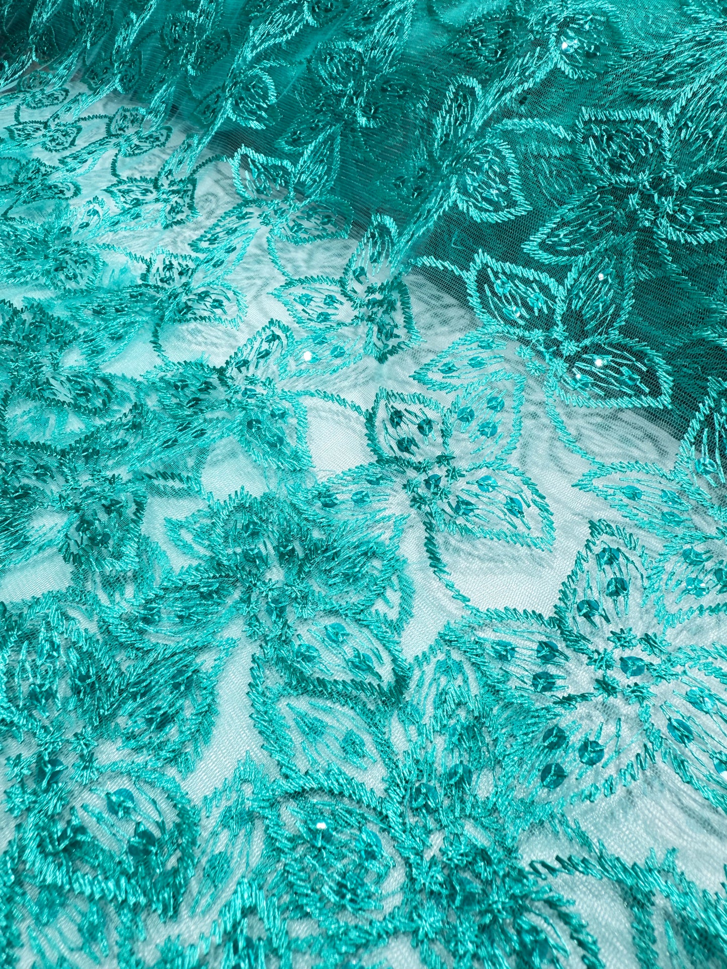 Cyan Green Embroidery Floral Lace 56" Fabric