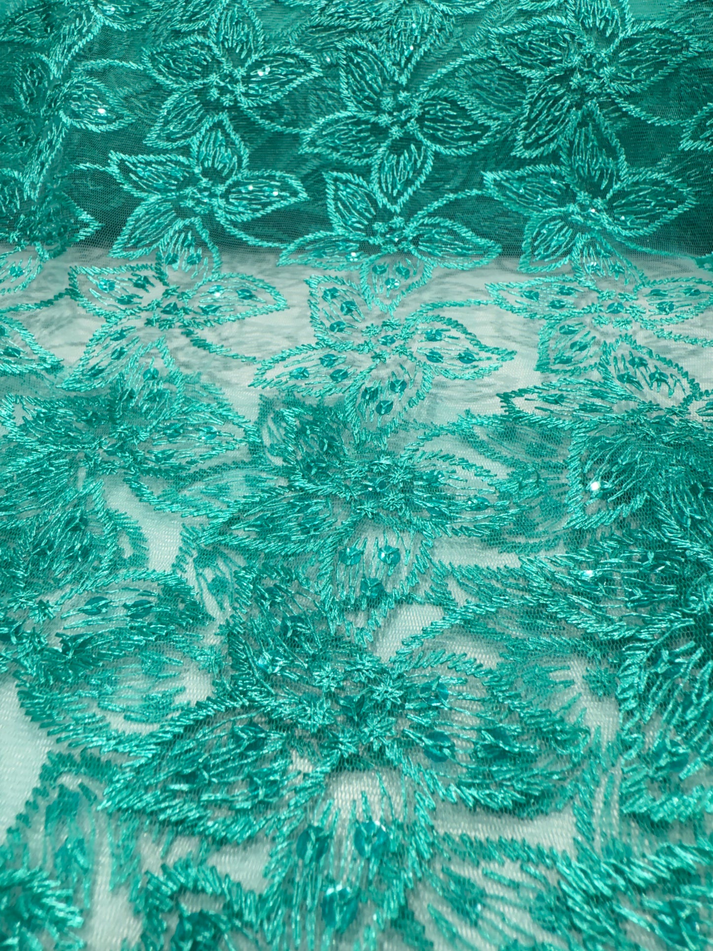 Cyan Green Embroidery Floral Lace 56" Fabric