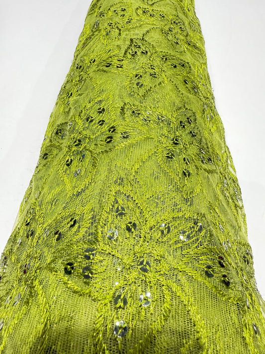 Olive Green Embroidery Floral Handwork Net 44" Fabric
