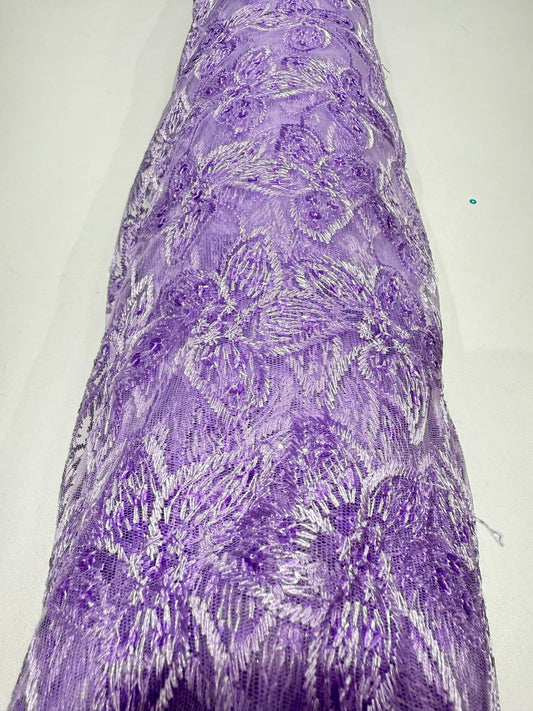 Purple Embroidery Floral Handwork Net 44" Fabric