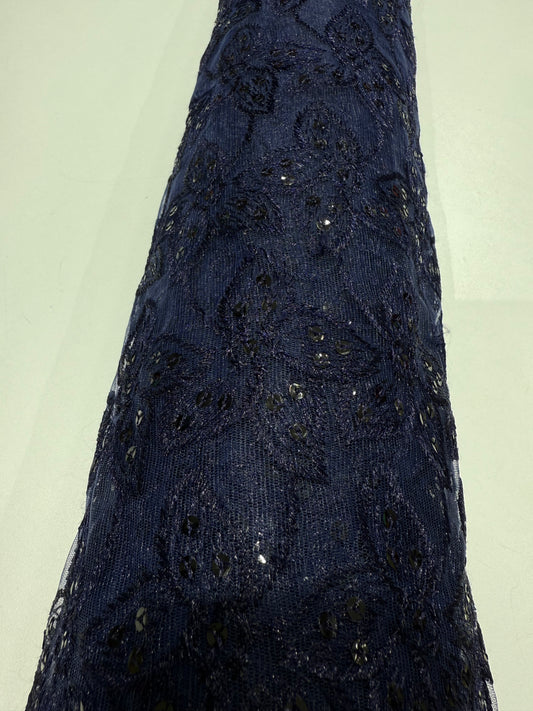 Dark Blue Embroidery Floral Handwork Net 44" Fabric
