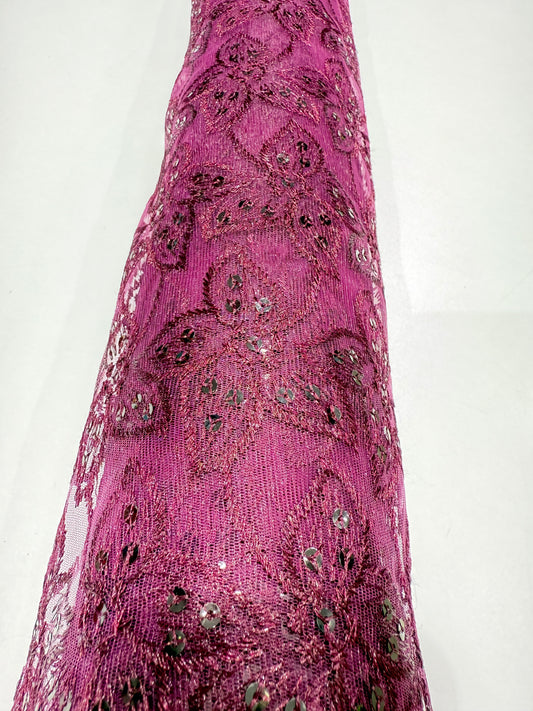 Wine Embroidery Floral Handwork Net 44" Fabric