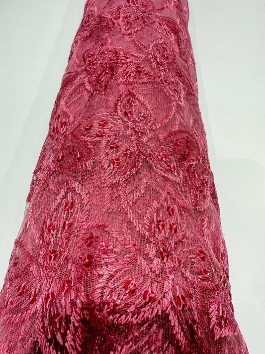 Pink Embroidery Floral Handwork Net 44" Fabric