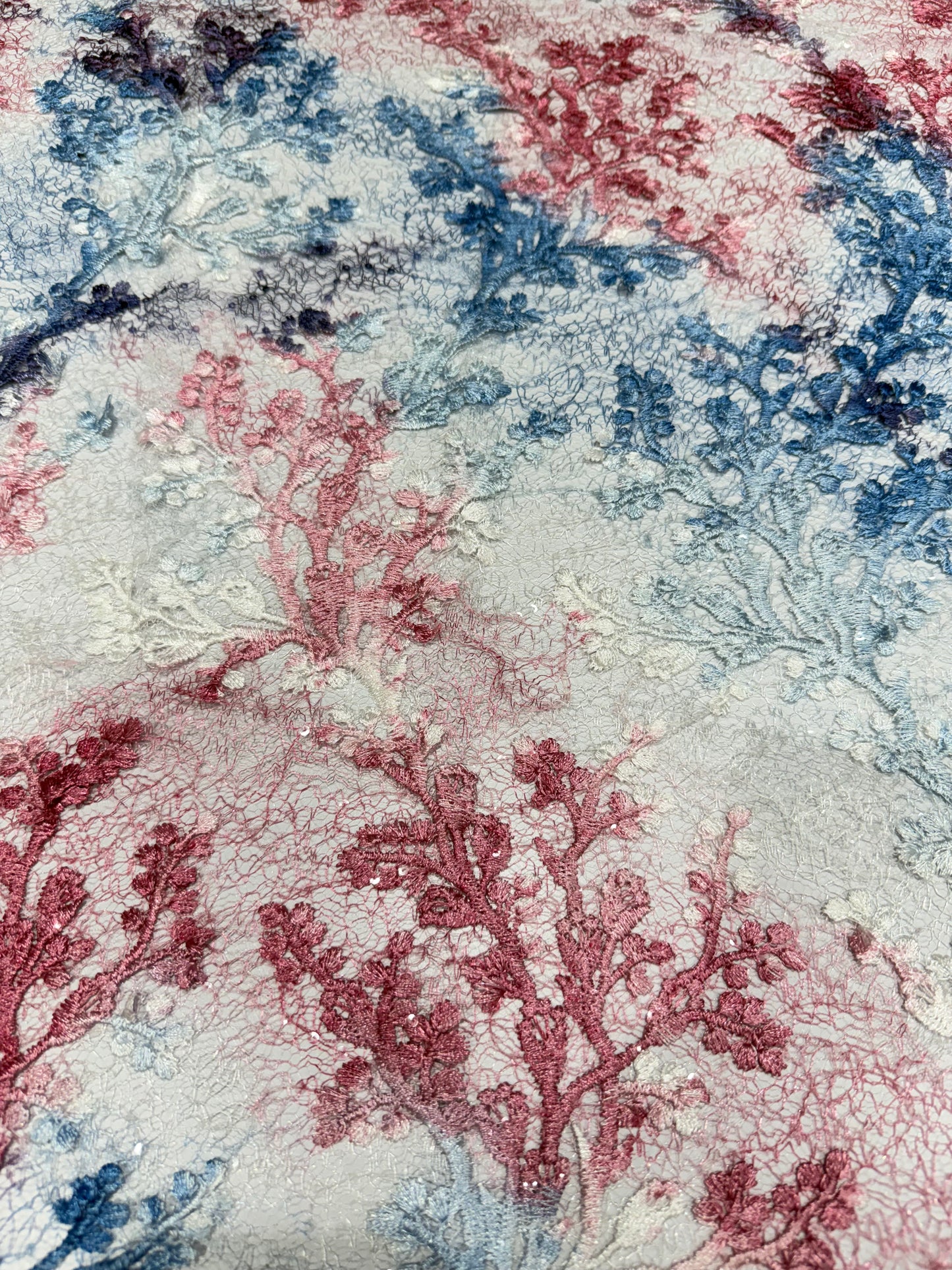 Red and Blue Blossom Garden Lace 56" Fabric