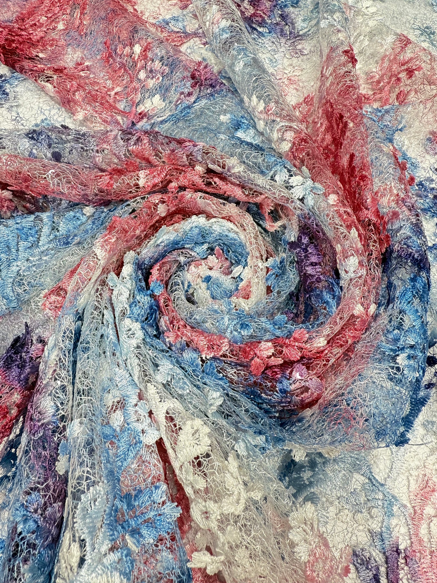 Red and Blue Blossom Garden Lace 56" Fabric