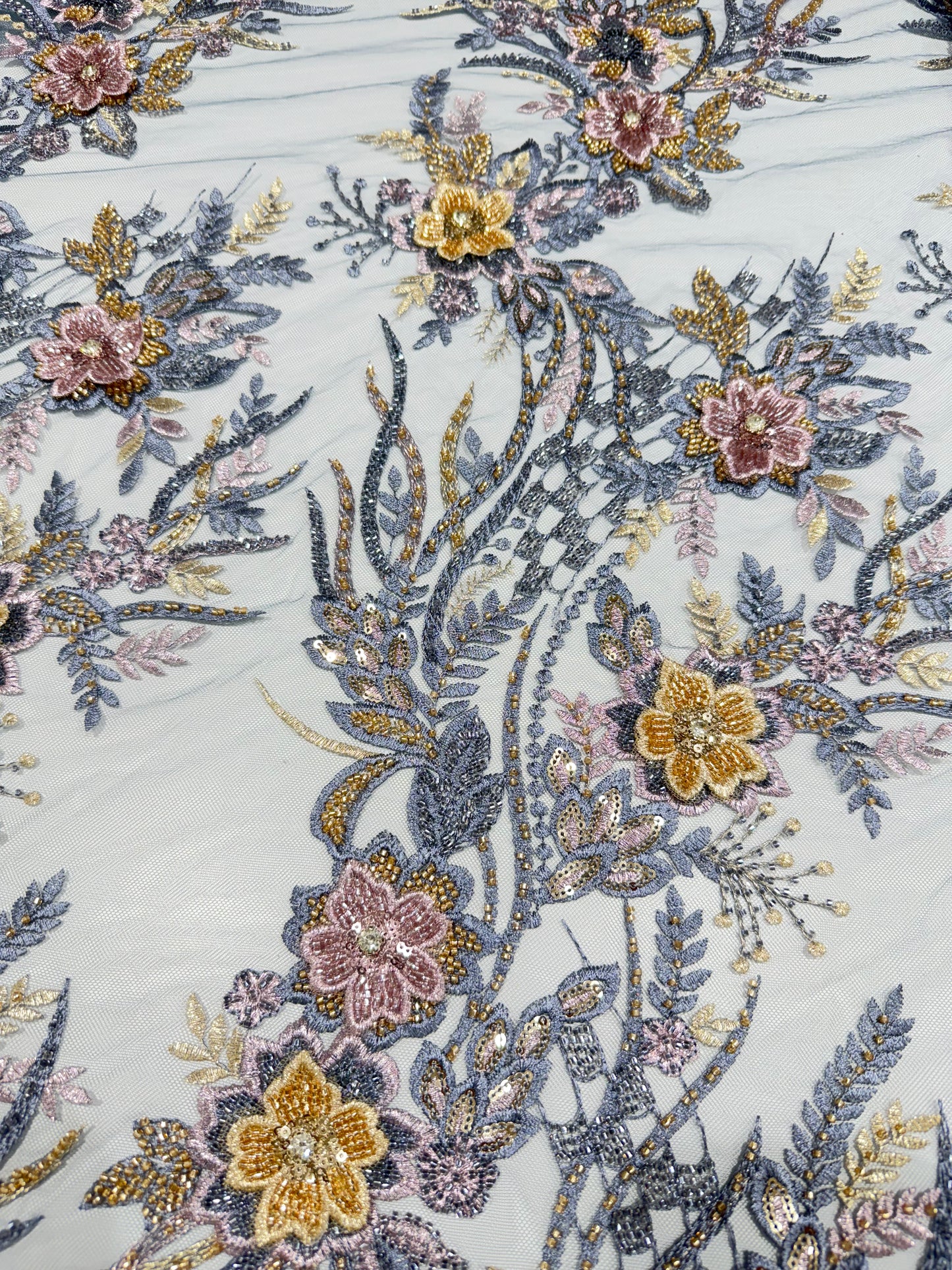 Grey Floral Applique Beaded Lace 56" Fabric