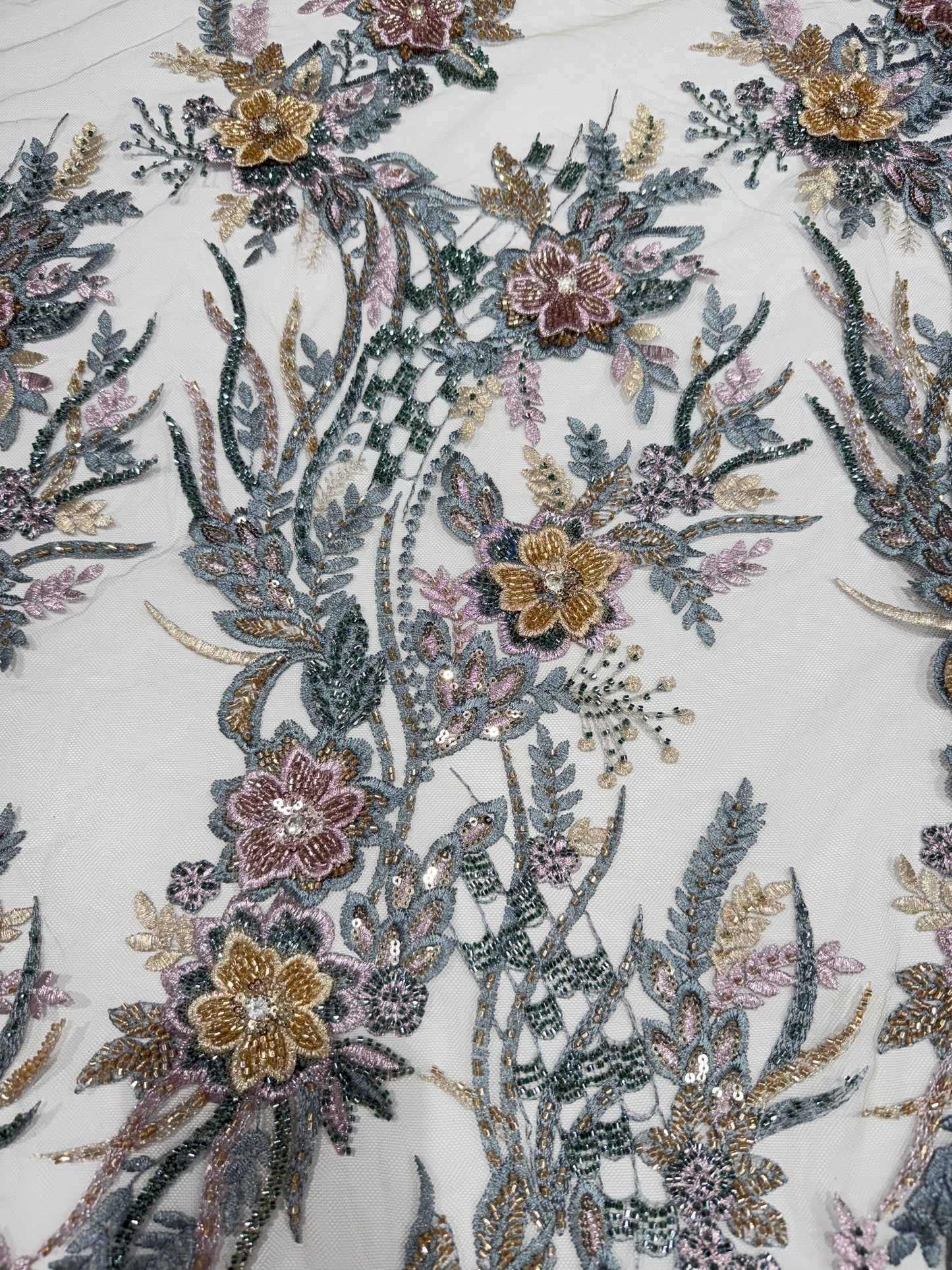Blue Floral Applique Beaded Lace 56" Fabric