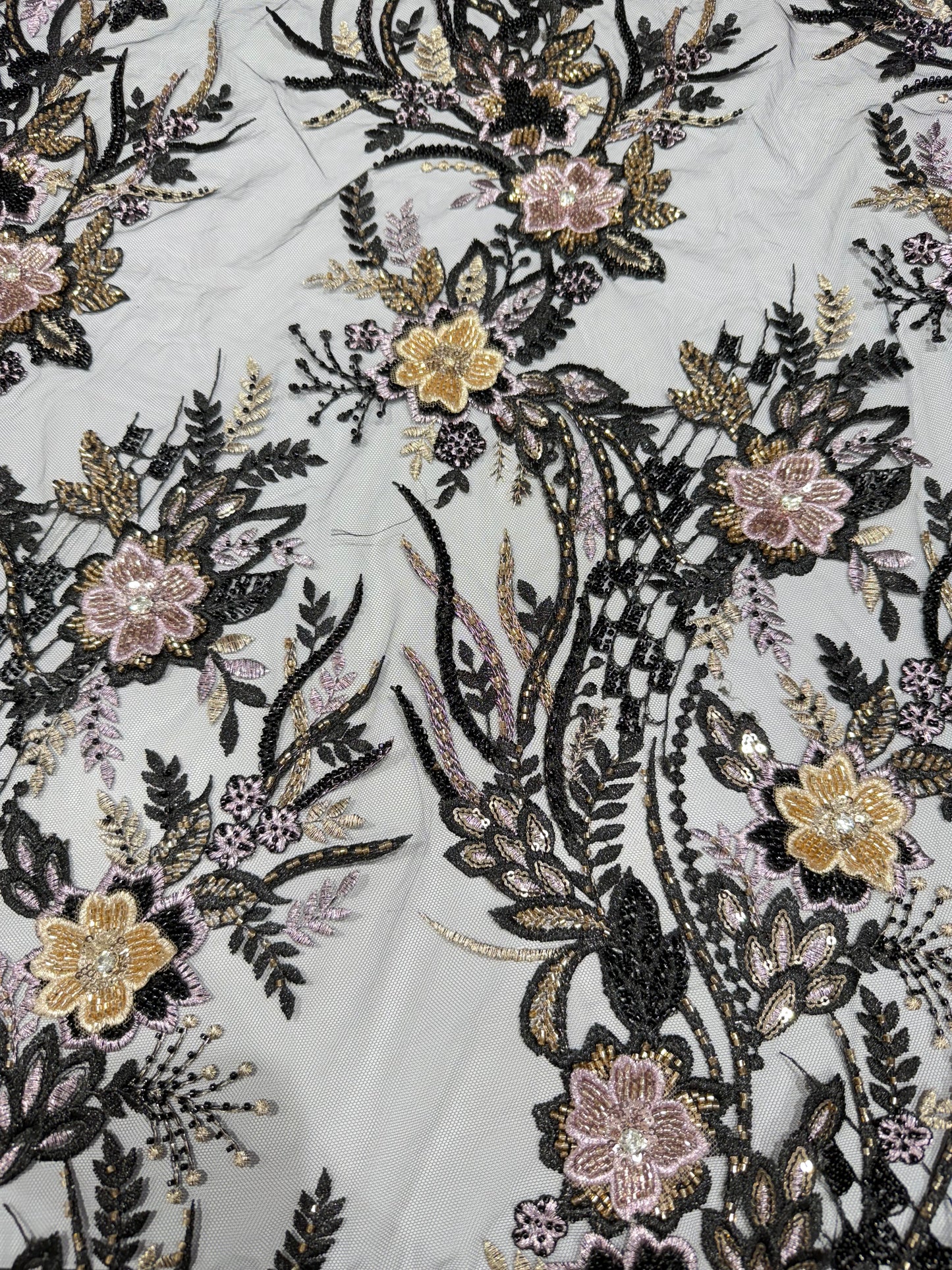 Black Floral Applique Beaded Lace 56" Fabric