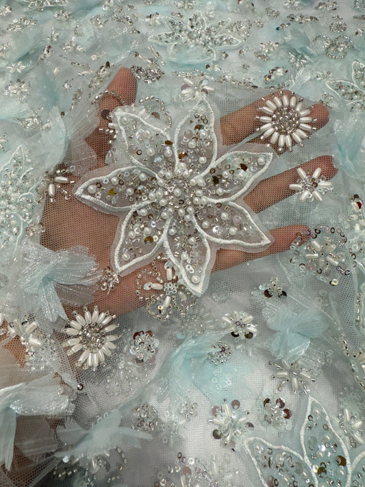 Baby Blue  Exquisite 3D Floral Applique Handwork Net 56" Fabric