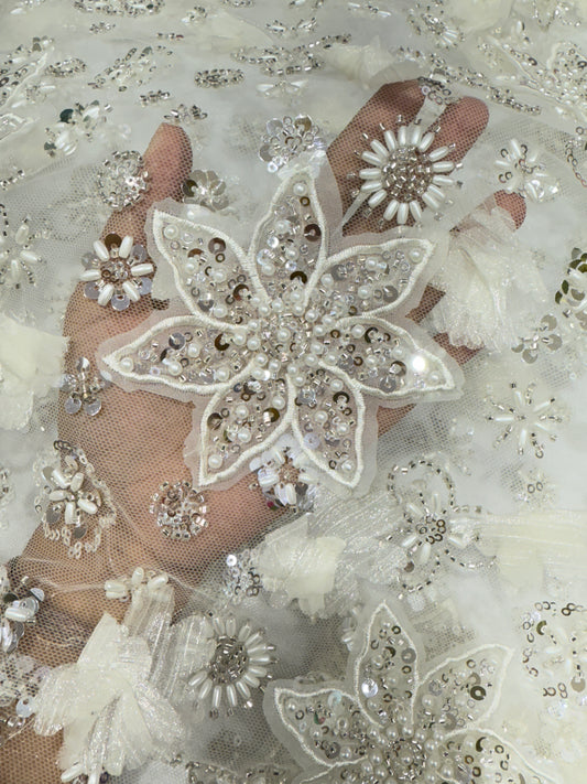 Off White Exquisite 3D Floral Applique Handwork Net 56" Fabric