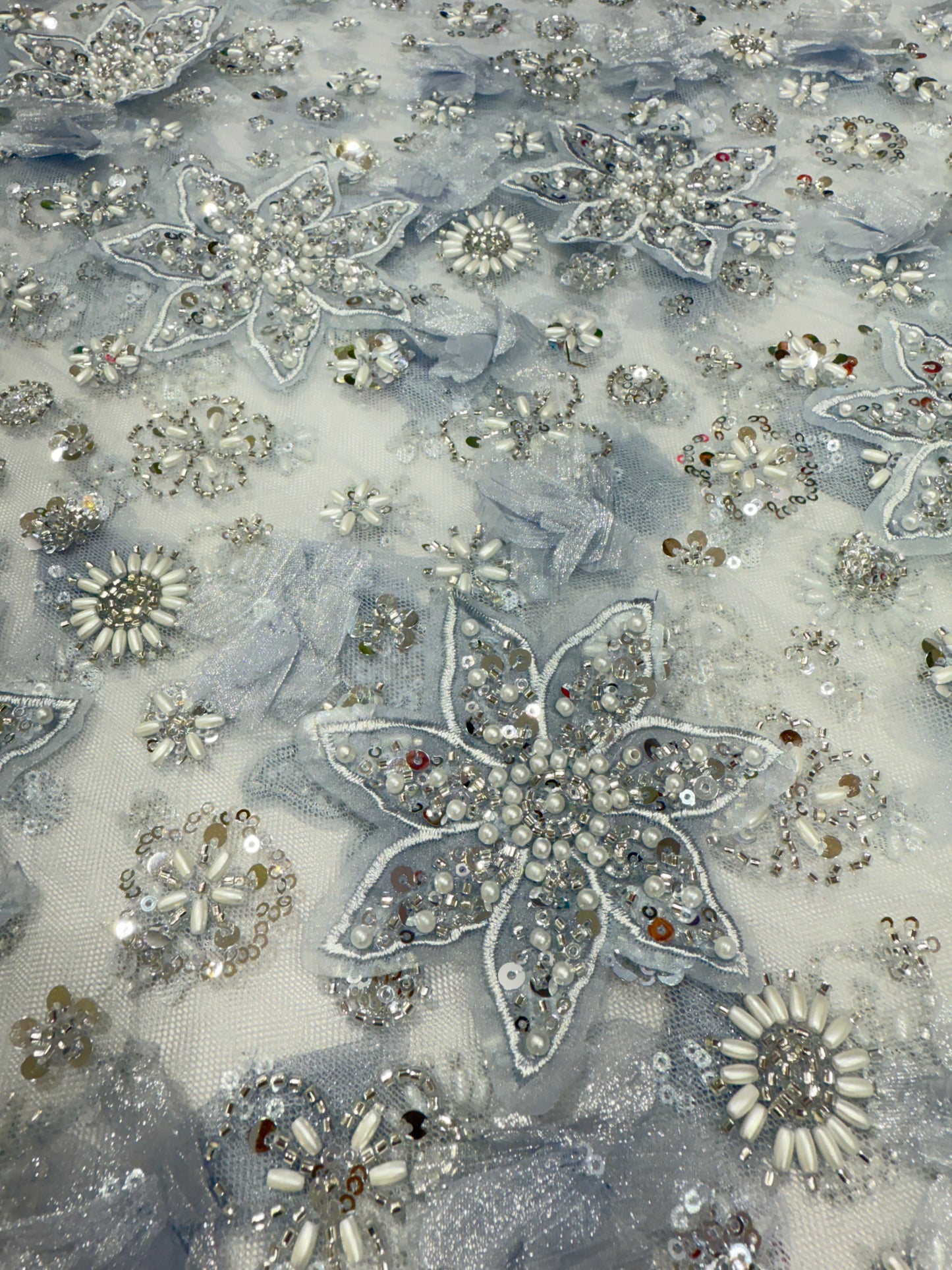 Grey Exquisite 3D Floral Applique Handwork Net 56" Fabric