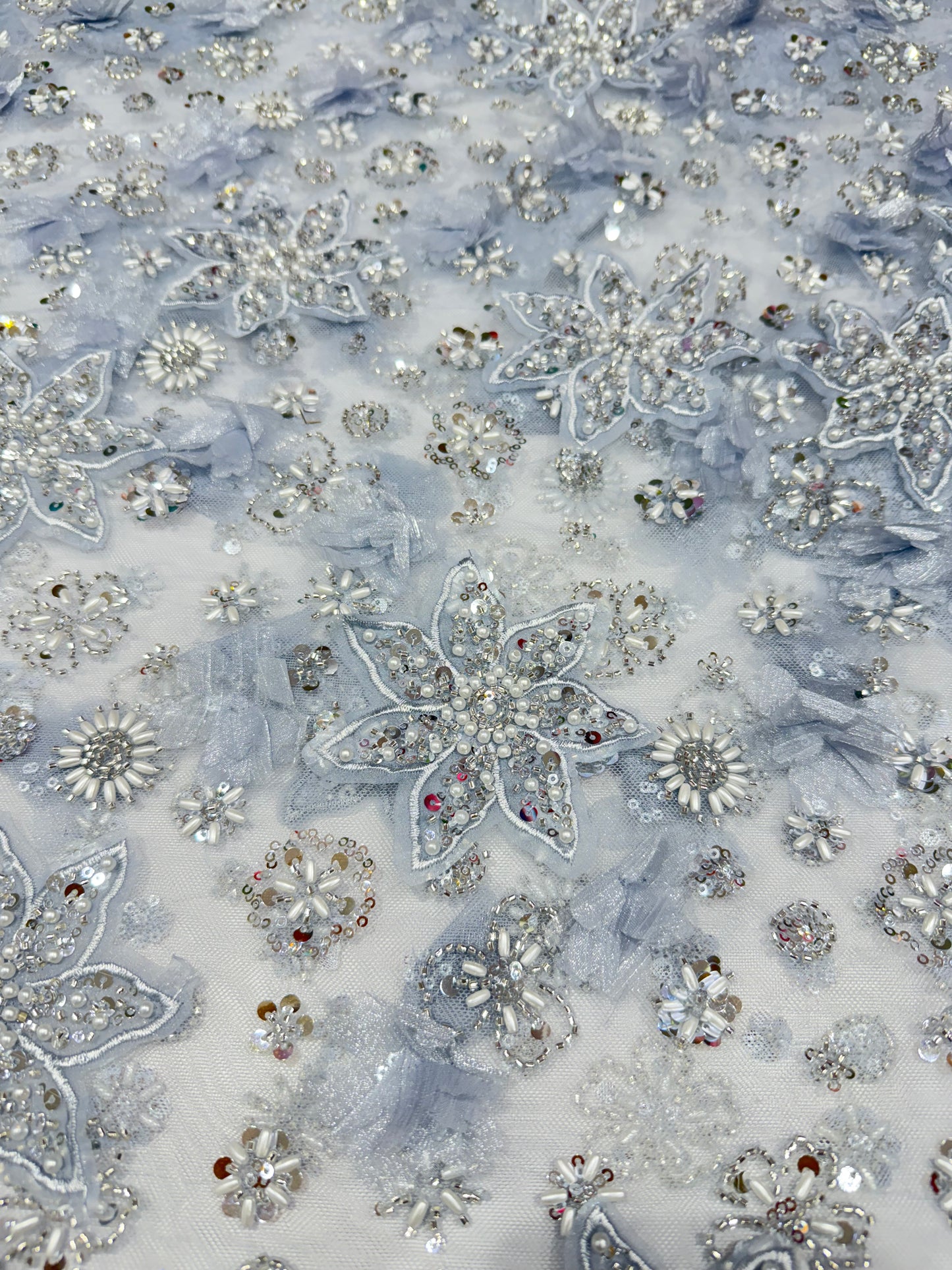 Grey Exquisite 3D Floral Applique Handwork Net 56" Fabric