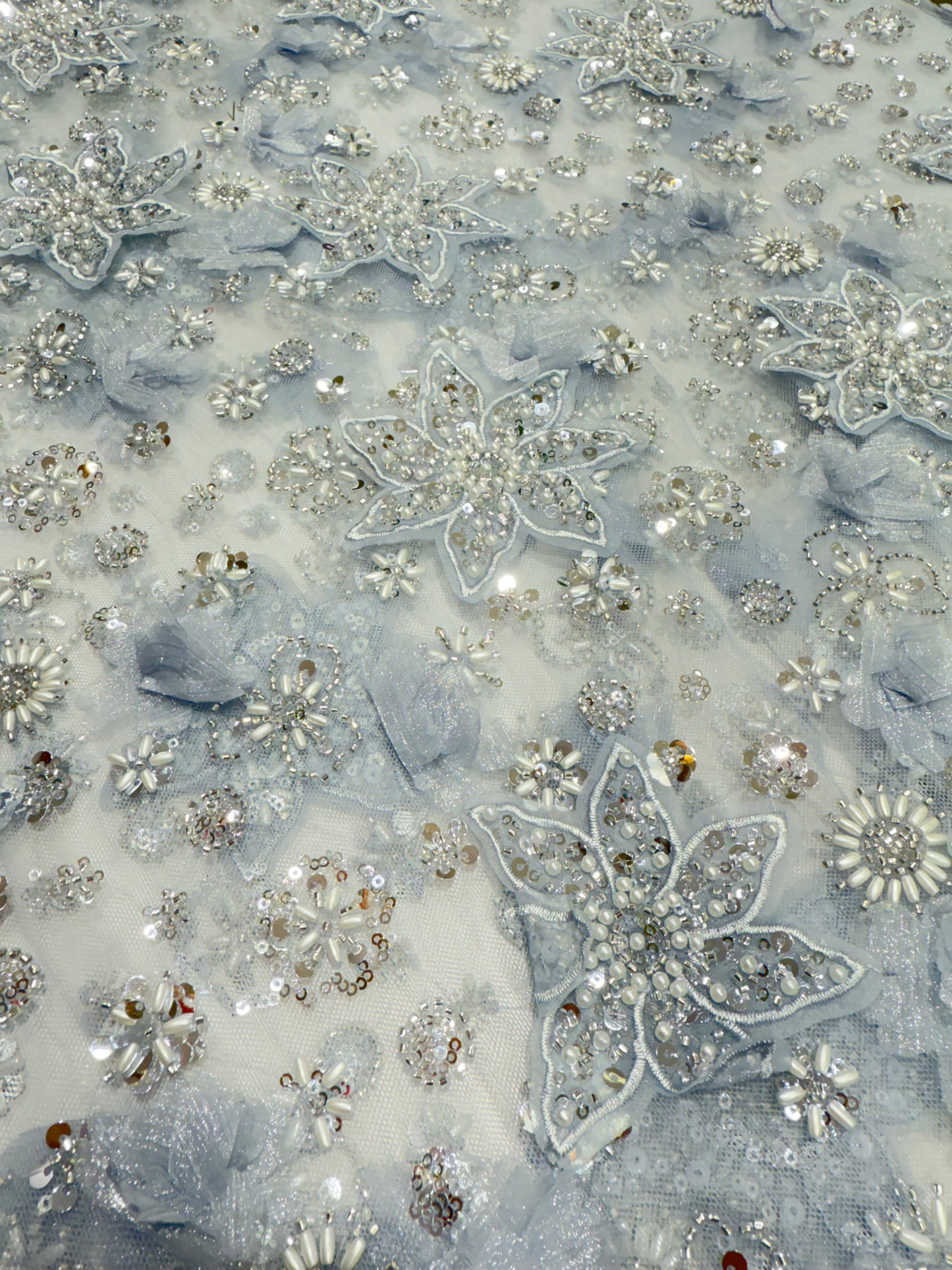 Grey Exquisite 3D Floral Applique Handwork Net 56" Fabric