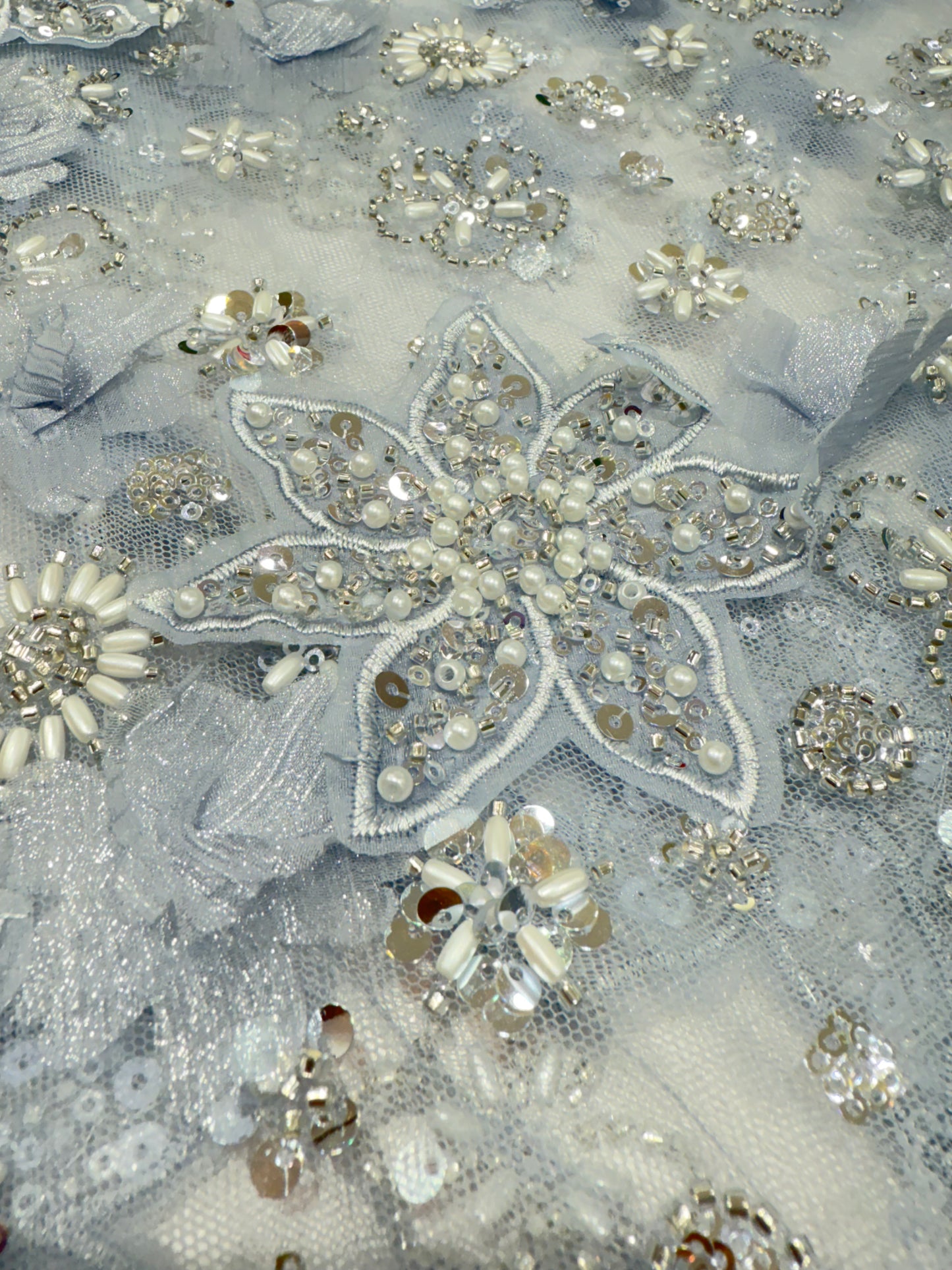Grey Exquisite 3D Floral Applique Handwork Net 56" Fabric