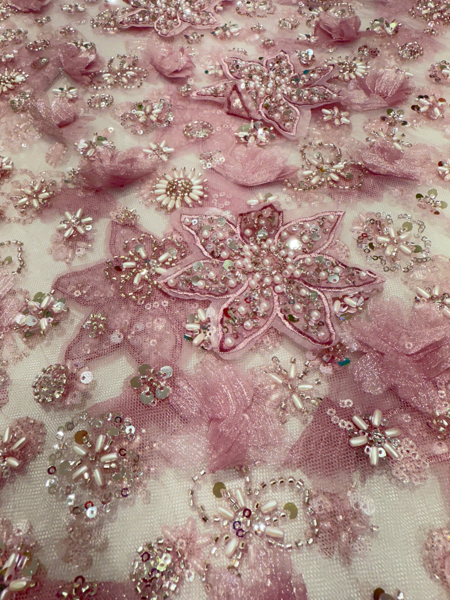 Mauve Pink Exquisite 3D Floral Applique Lace 56" Fabric