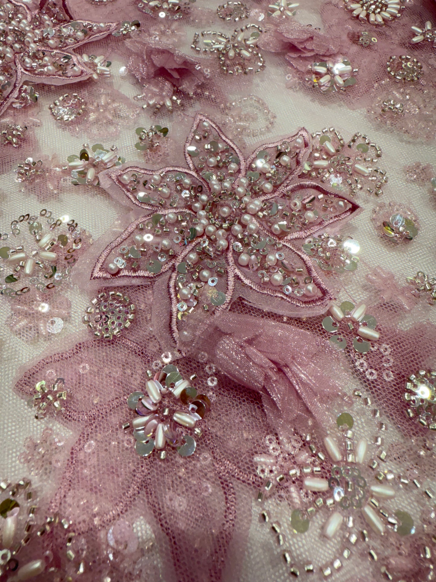 Mauve Pink Exquisite 3D Floral Applique Lace 56" Fabric
