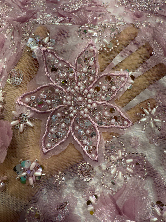 Mauve Pink Exquisite 3D Floral Applique Handwork Net 56" Fabric