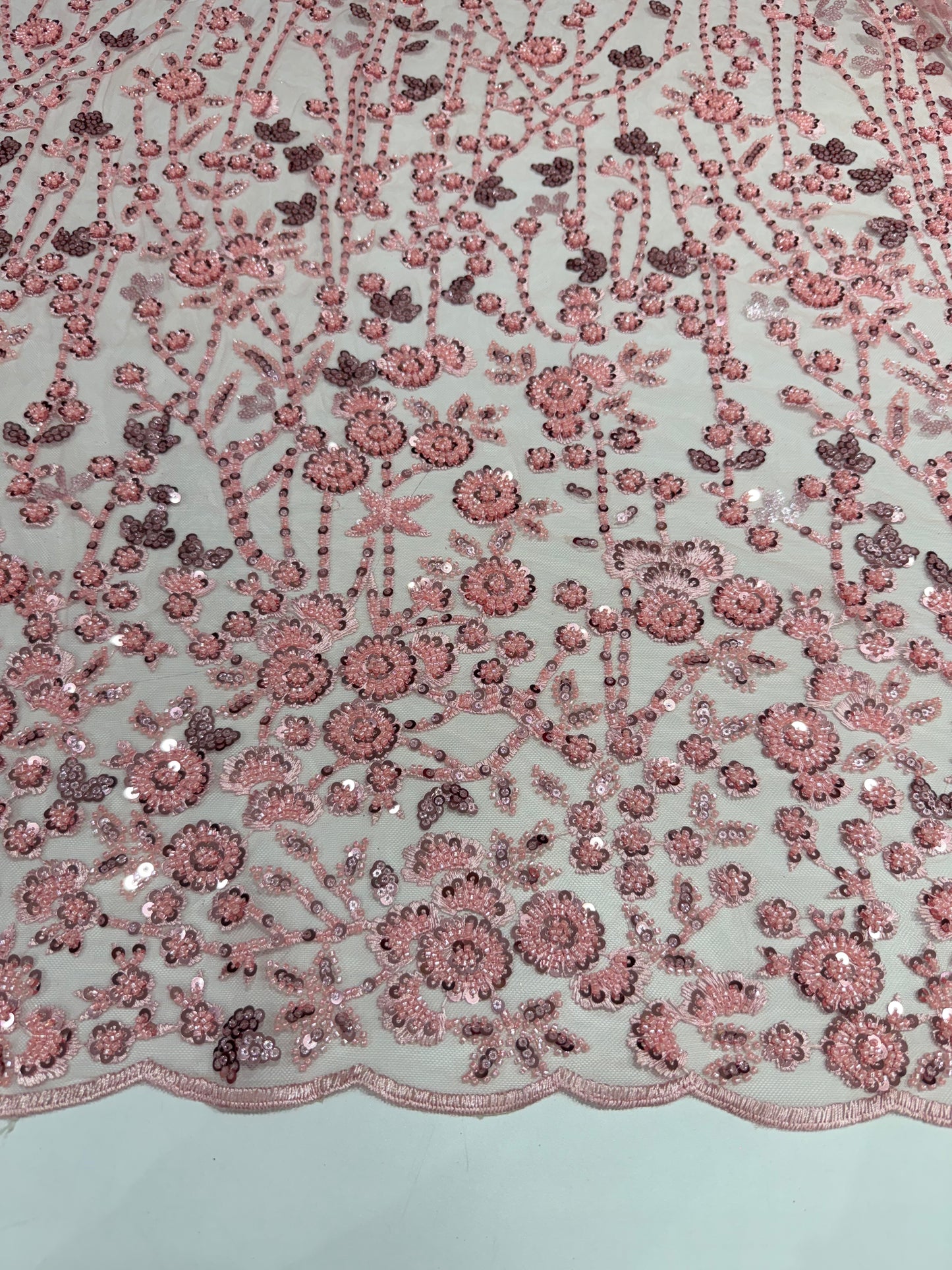 Mauve Pink Glory Sequin Beaded Handwork Net 56" Fabric
