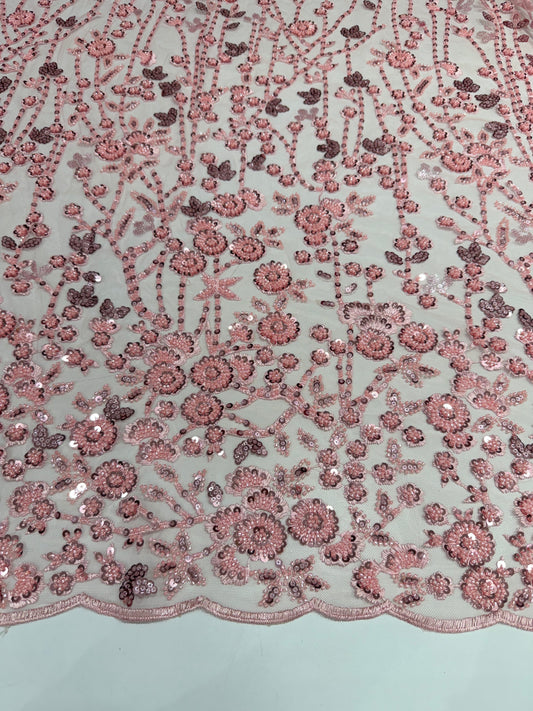 Mauve Pink Glory Sequin Beaded Handwork Net 56" Fabric