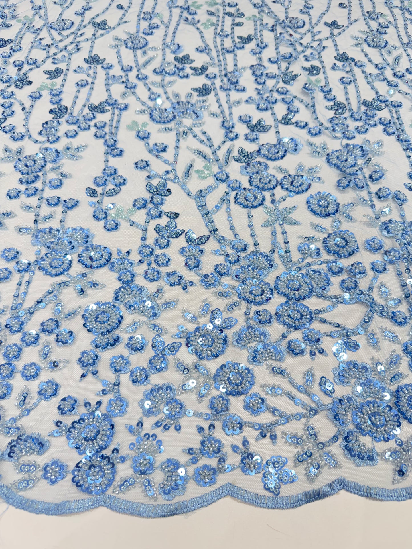 Baby Blue Glory Sequin Beaded Handwork Net 56" Fabric