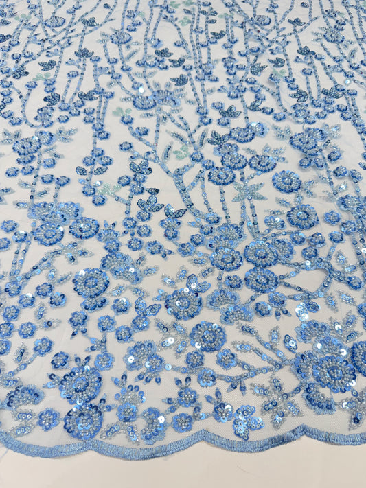 Baby Blue Glory Sequin Beaded Handwork Net 56" Fabric