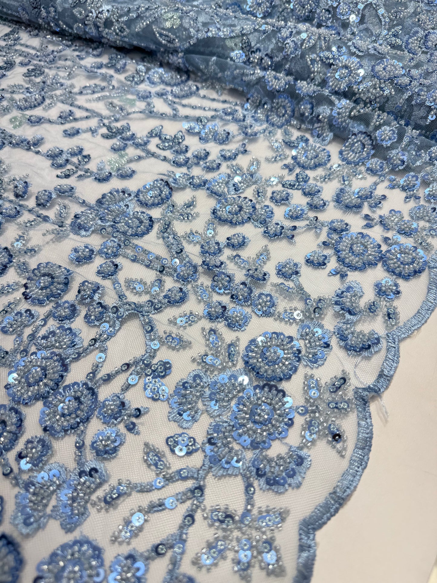 Baby Blue Glory Sequin Beaded Handwork Net 56" Fabric