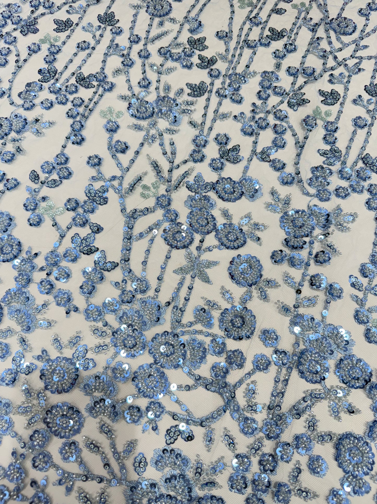 Baby Blue Glory Sequin Beaded Handwork Net 56" Fabric