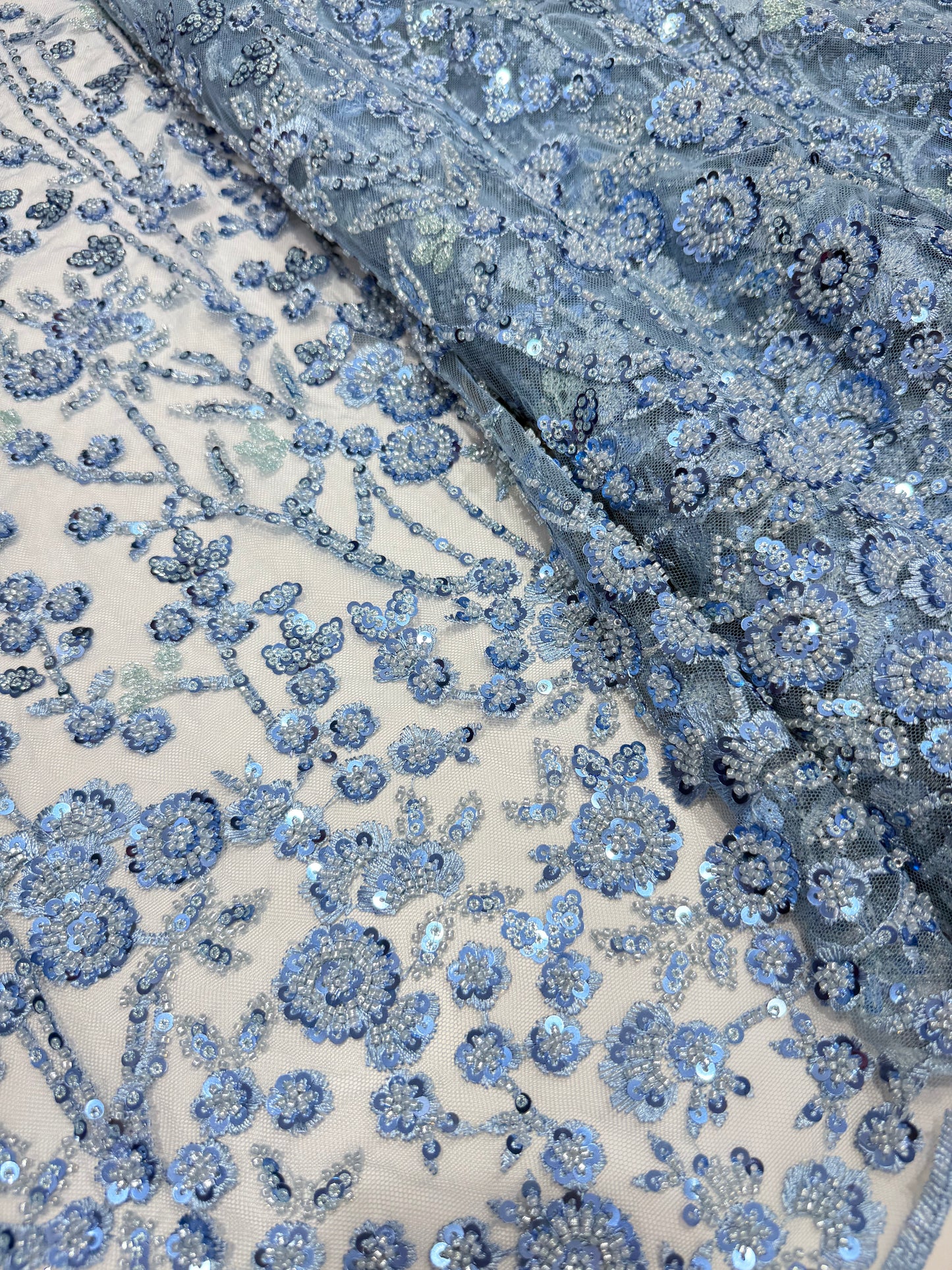 Baby Blue Glory Sequin Beaded Handwork Net 56" Fabric