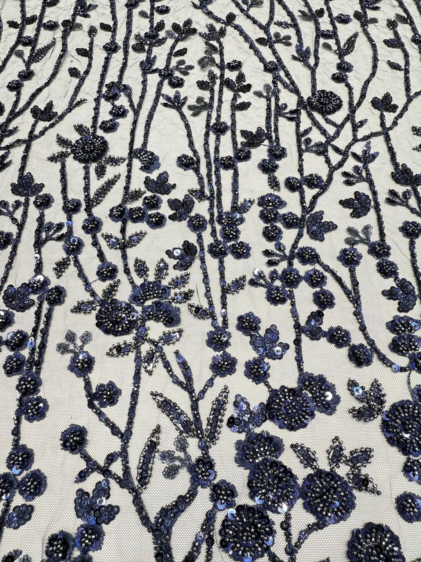 Azure Blue Sequin Beaded Handwork Net 56" Fabric