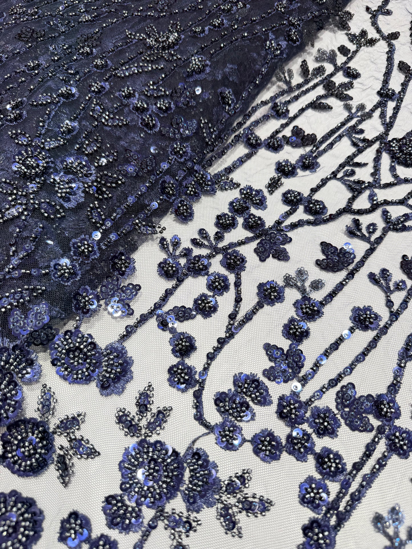 Azure Blue Sequin Beaded Handwork Net 56" Fabric