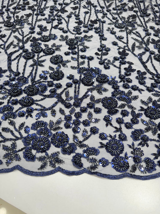 Azure Blue Sequin Beaded Handwork Net 56" Fabric