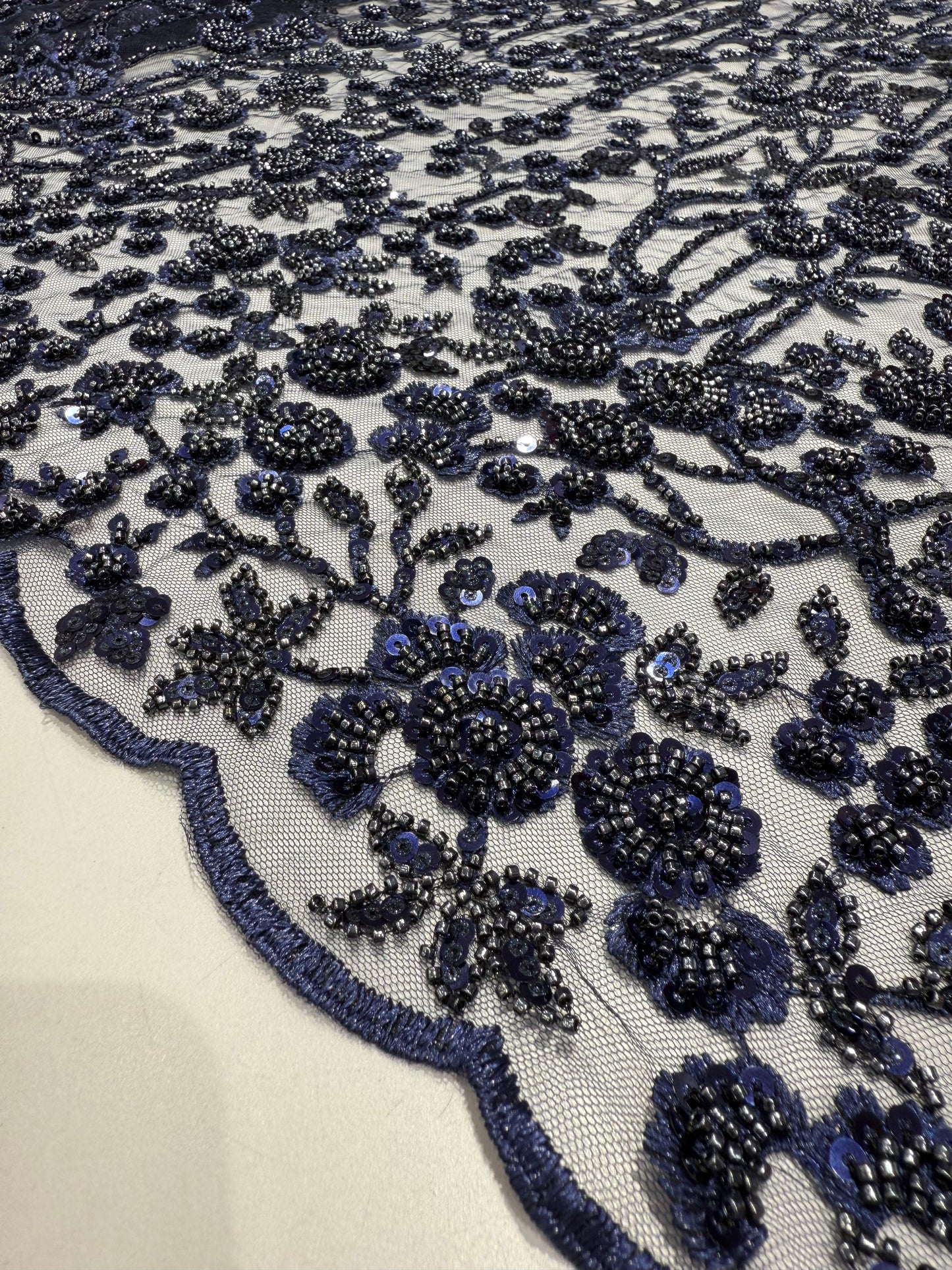 Azure Blue Sequin Beaded Handwork Net 56" Fabric