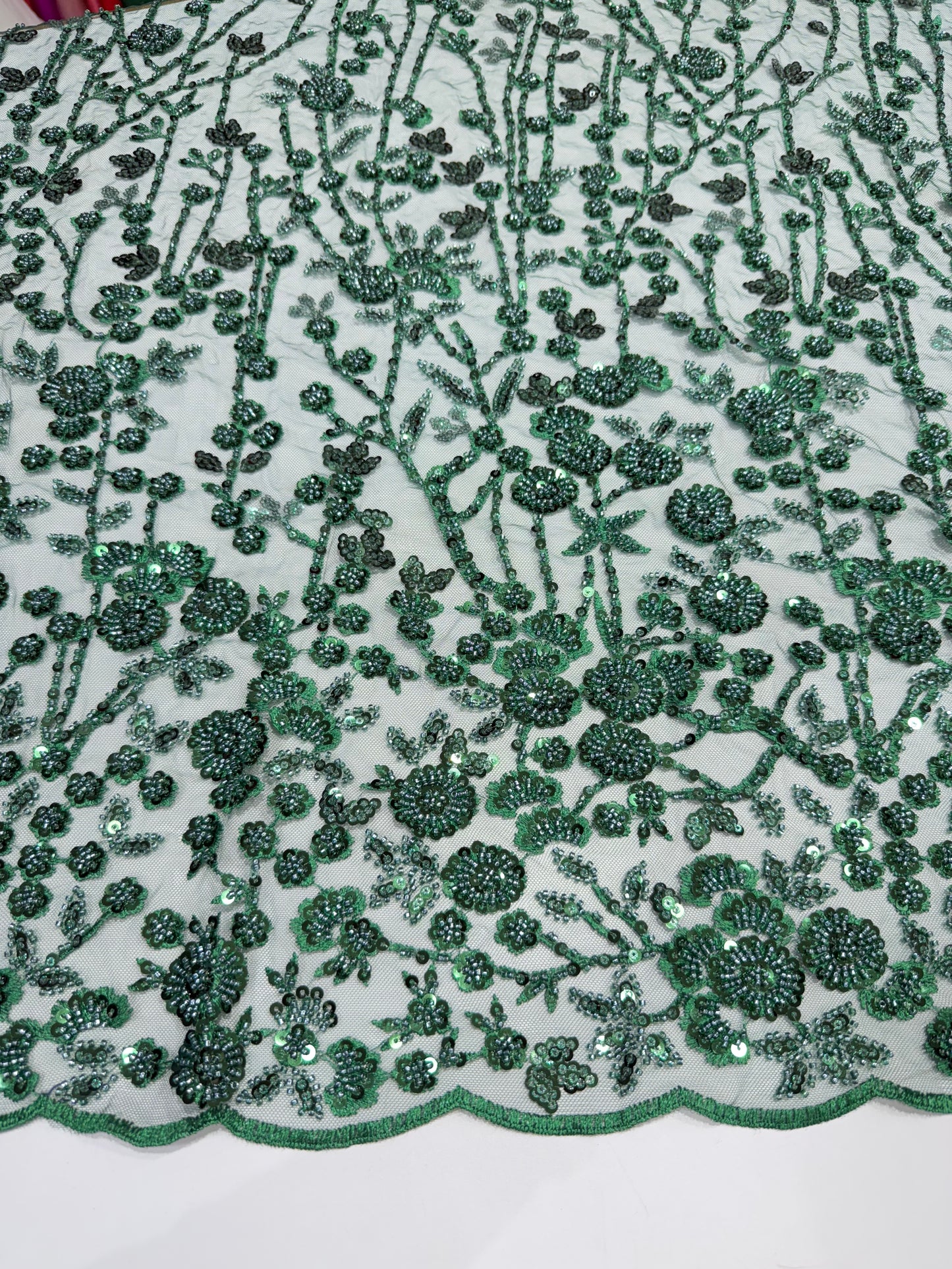 Opal Green Sequin Beaded Handwork Net 56" Fabric