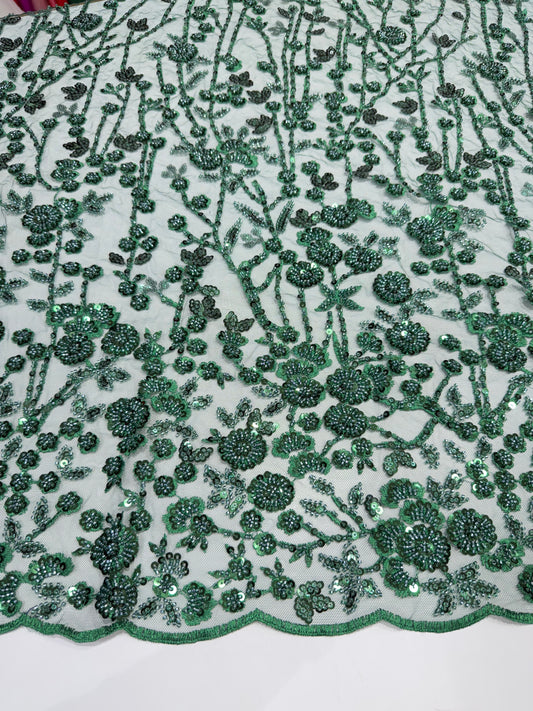 Opal Green Sequin Beaded Handwork Net 56" Fabric