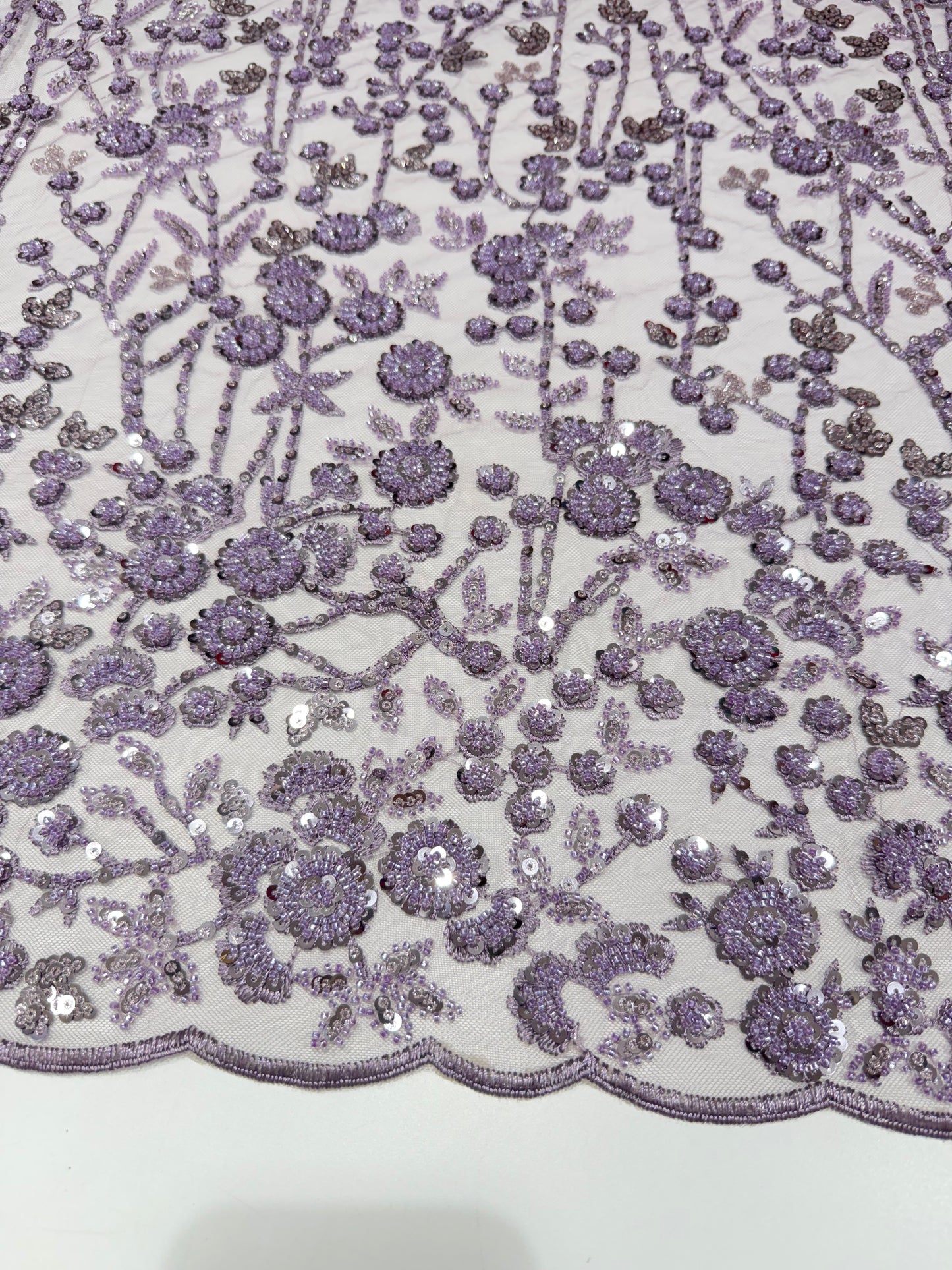 Lavender Glory Sequin Beaded Handwork Net 56" Fabric