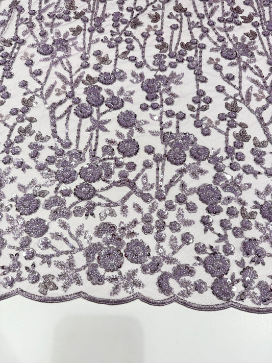 Lavender Glory Sequin Beaded Handwork Net 56" Fabric