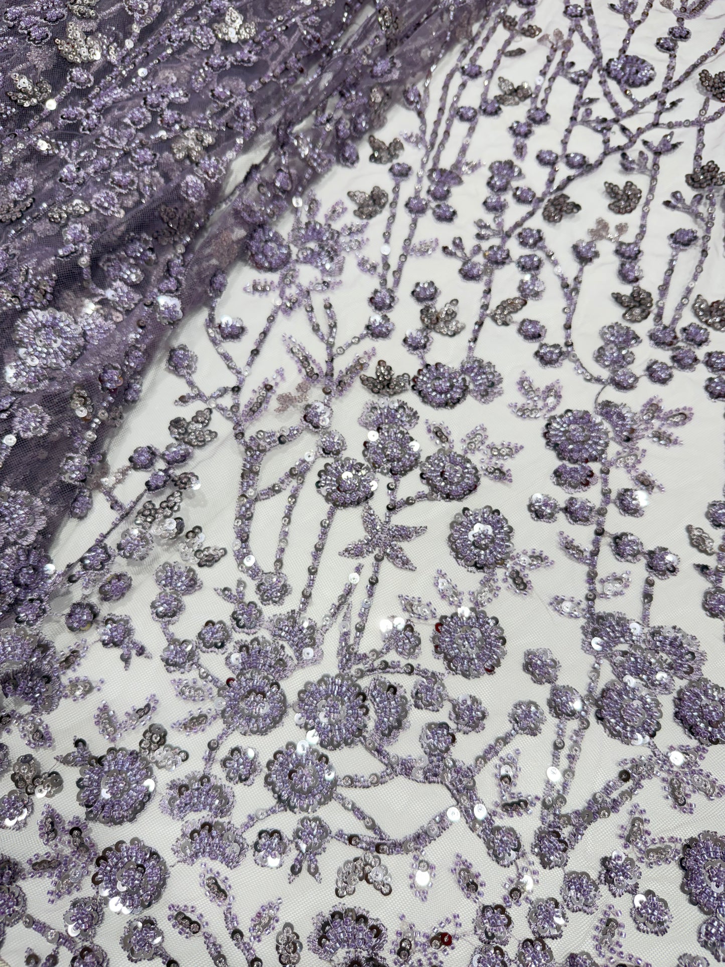 Lavender Glory Sequin Beaded Handwork Net 56" Fabric
