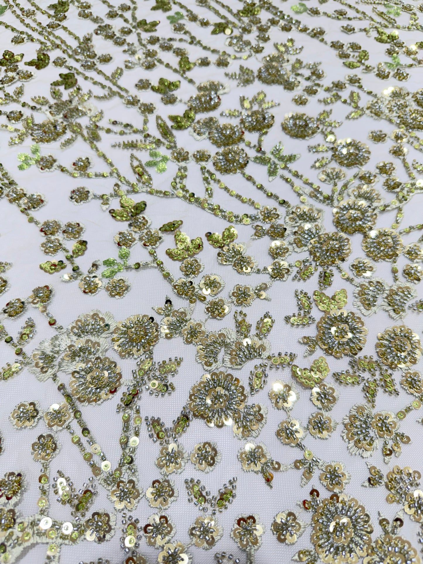 Parrot Green Glory Sequin Beaded Handwork Net 56" Fabric