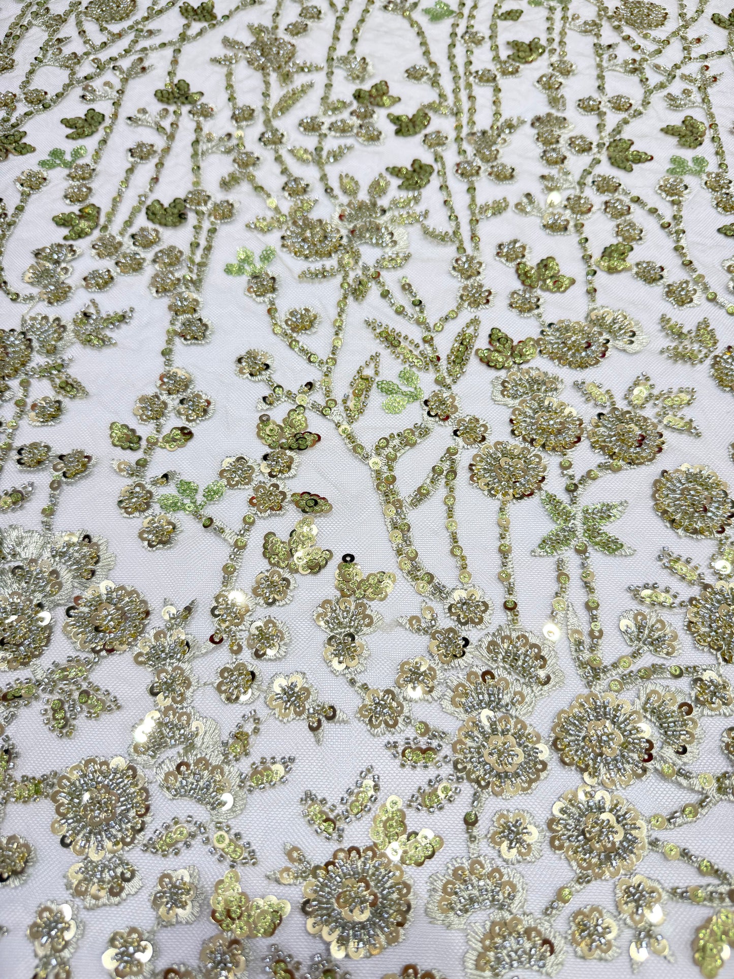 Parrot Green Glory Sequin Beaded Handwork Net 56" Fabric