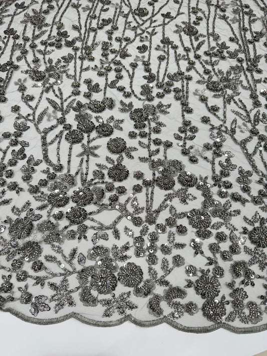 Grey Glory Sequin Beaded Handwork Net 56" Fabric
