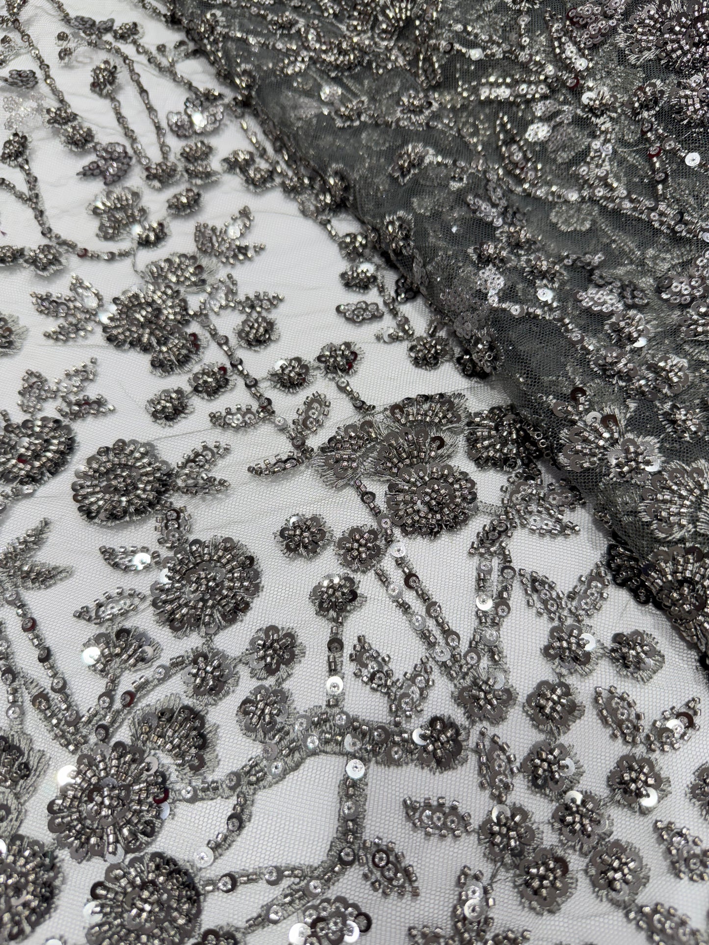 Grey Glory Sequin Beaded Handwork Net 56" Fabric