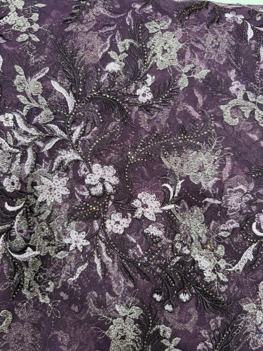Nebula Wine Floral  Handwork Net 56" Fabric