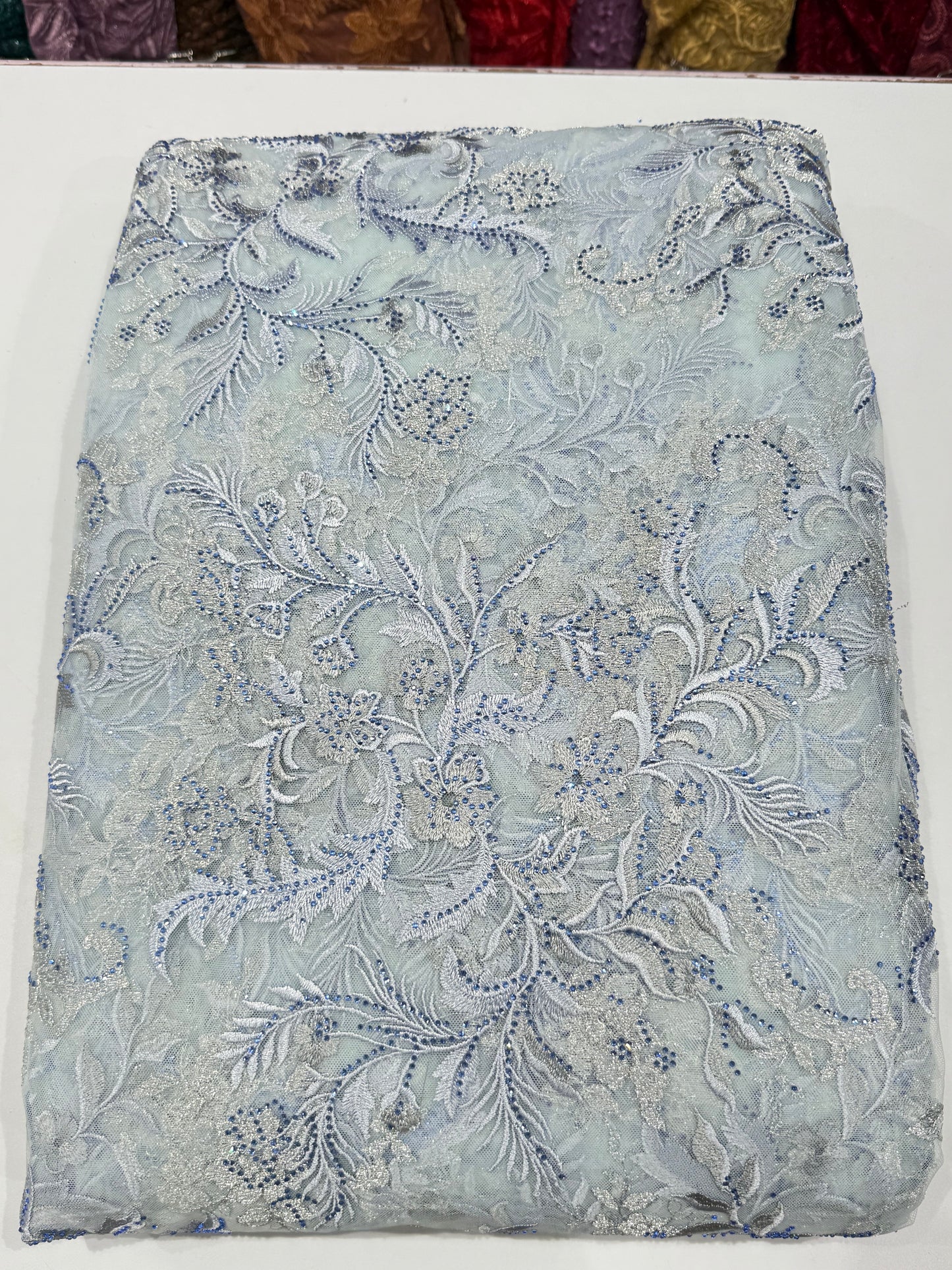 Nebula Polo Blue Floral Handwork Net 56" Fabric