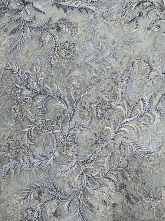 Nebula Polo Blue Floral  Handwork Net 56" Fabric