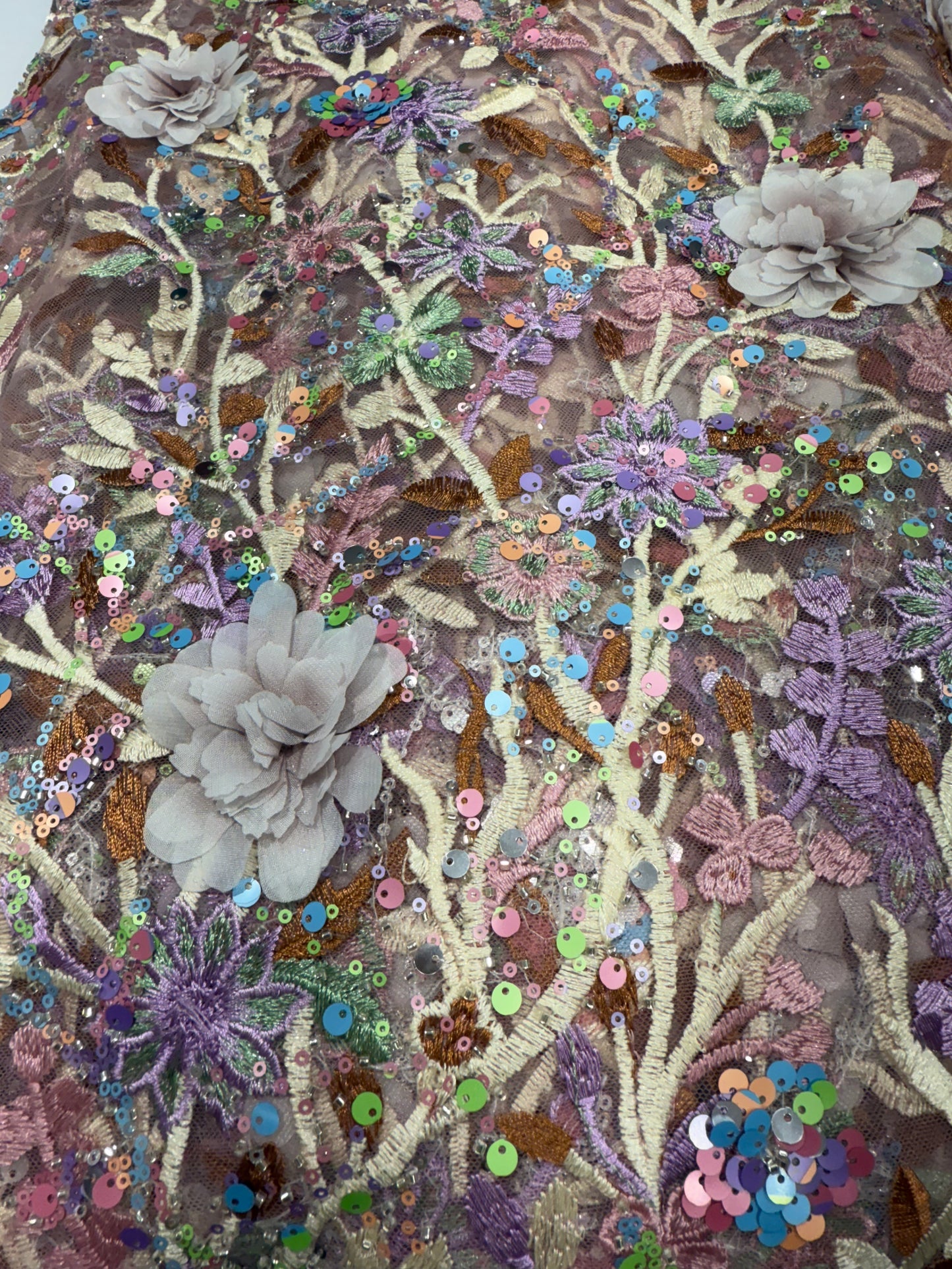 Brown Aurora Sequin Floral Handwork Net 54" Fabric